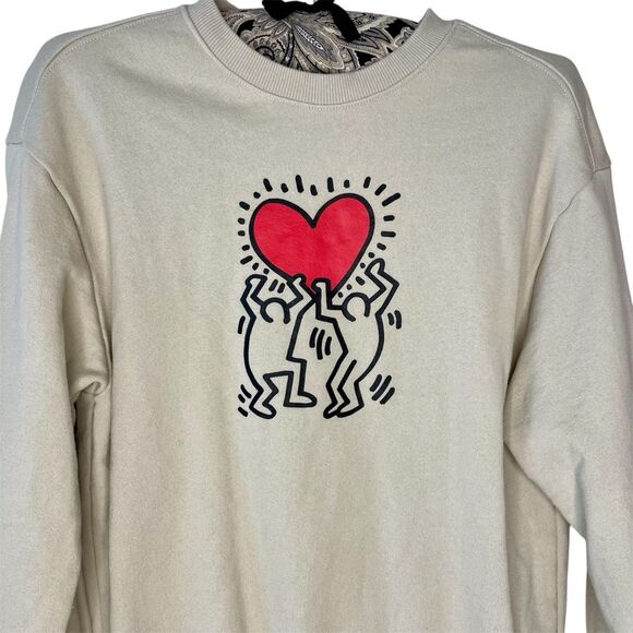 Keith Haring H&M Sweatshirt Heart Graphic Pullover Crewneck Tan Beige Size XS - Picture 1 of 10